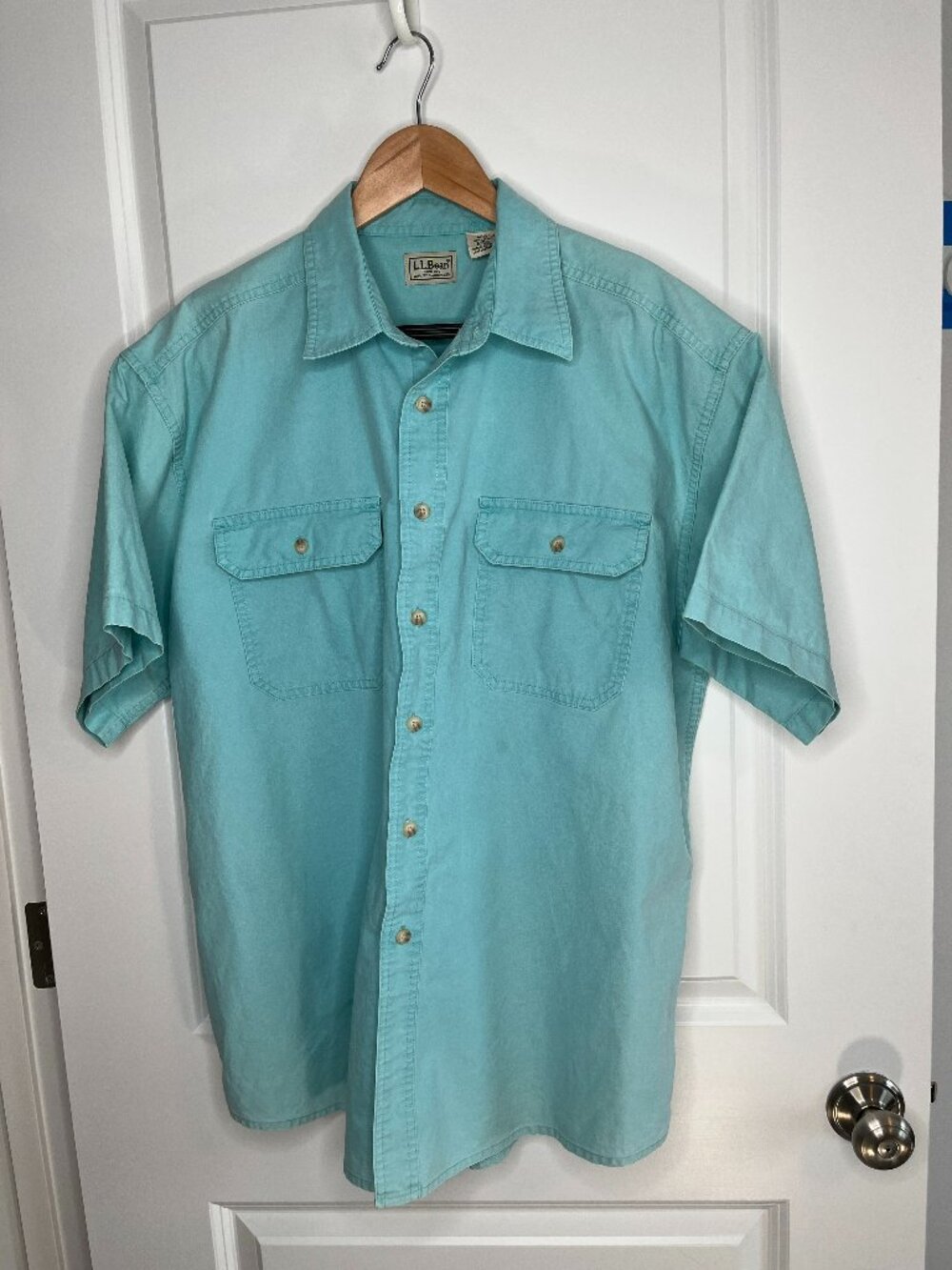 LL Bean Men's Pale Blue-Green Short Sleeve Button Up Shirt 100% Cotton Large
